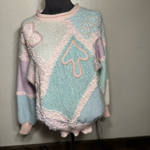 Vintage  Pastel Colorblock
Oversized Kawaii Sweater size small Pearl beaded - Picture 9 of 16